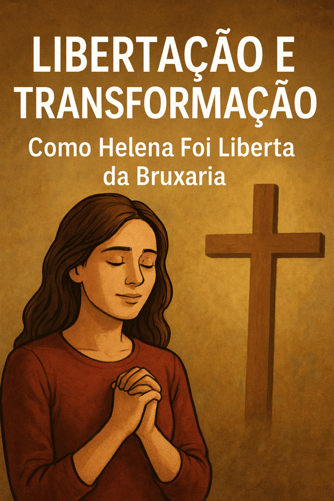 Mulher cristã orando diante de uma cruz, simbolizando libertação e transformação espiritual em Cristo, inspirada na história de Helena liberta da bruxaria pelo amor de Deus.